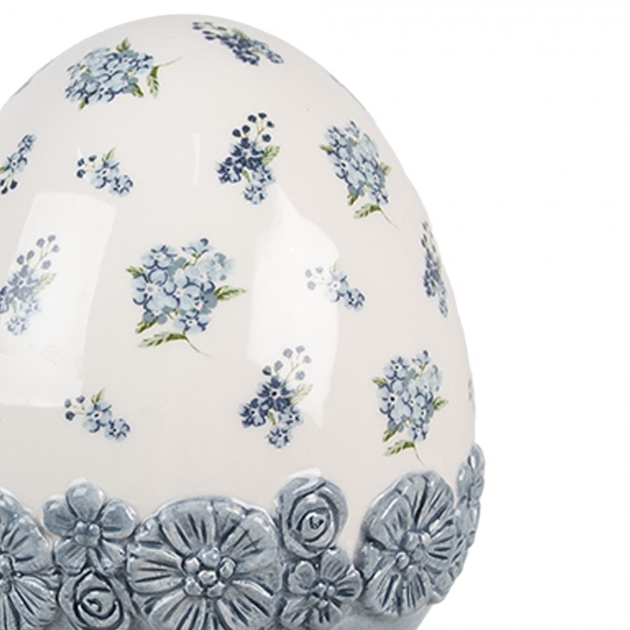 Uovo decorativo in ceramica bianco e azzurro c/fiorellini - H.19x12 cm - Clayre e Eef
